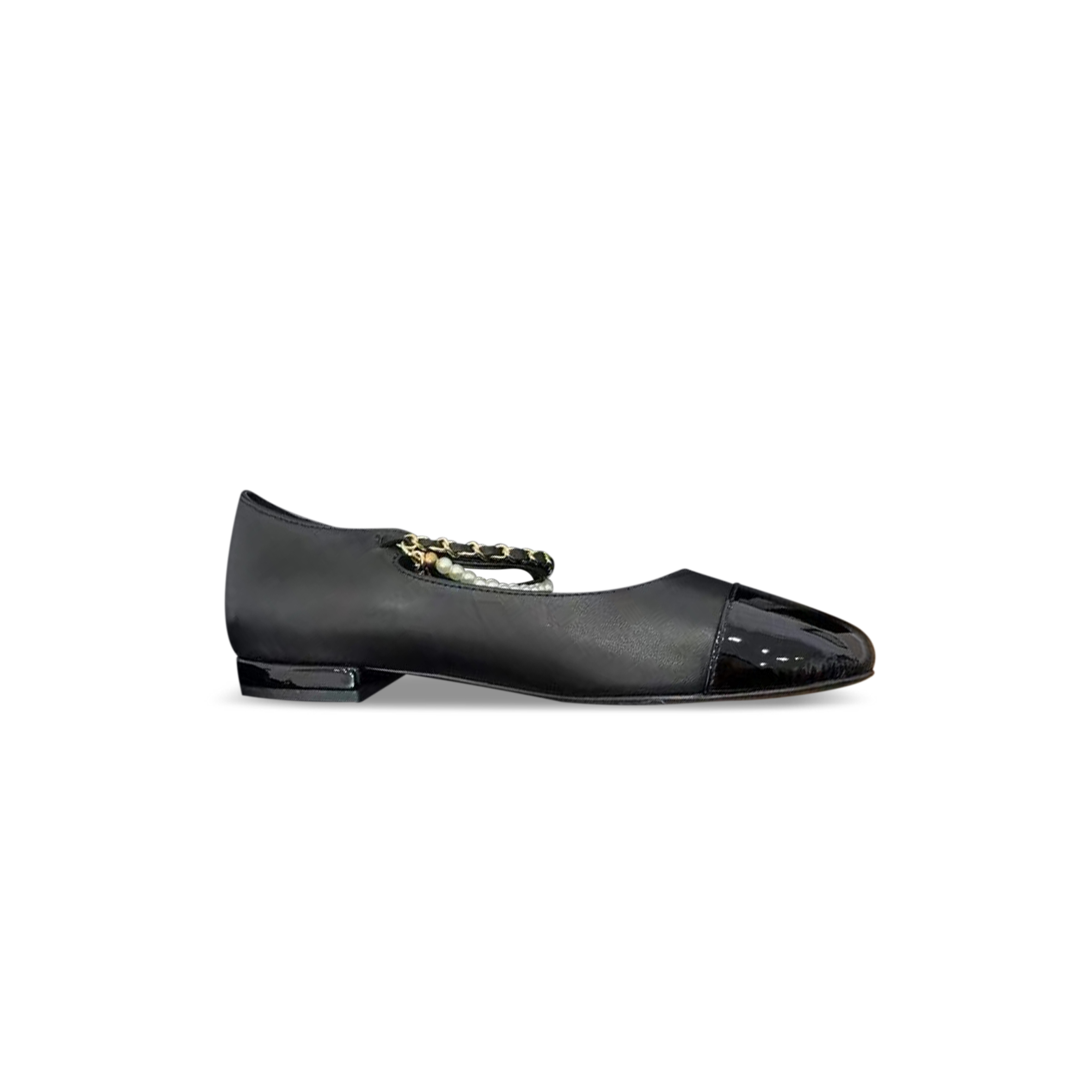CHANEL MARY JANE PEARLS & METAL BLACK FLATS G46718